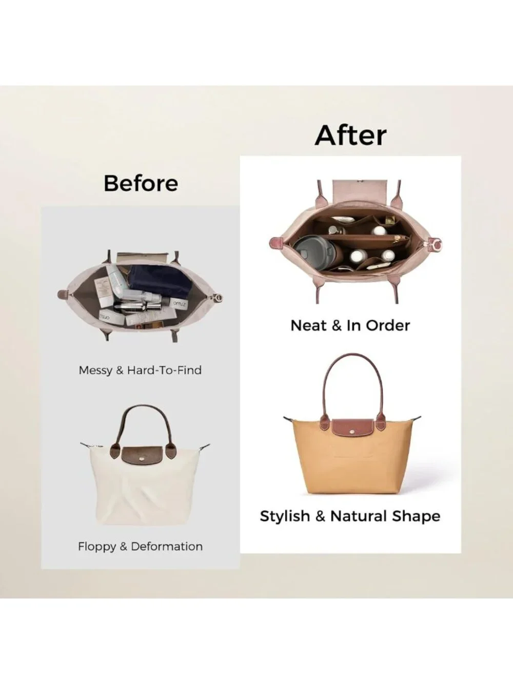Ultra-Light Waterproof Handbag Purse Organizer Insert - Medium Size, Brown